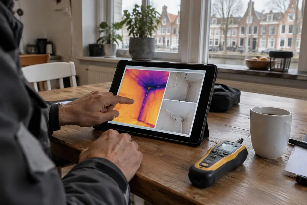 Lekdetectie Borne – lekdetectierapport met warmtebeelden en foto's op een tablet