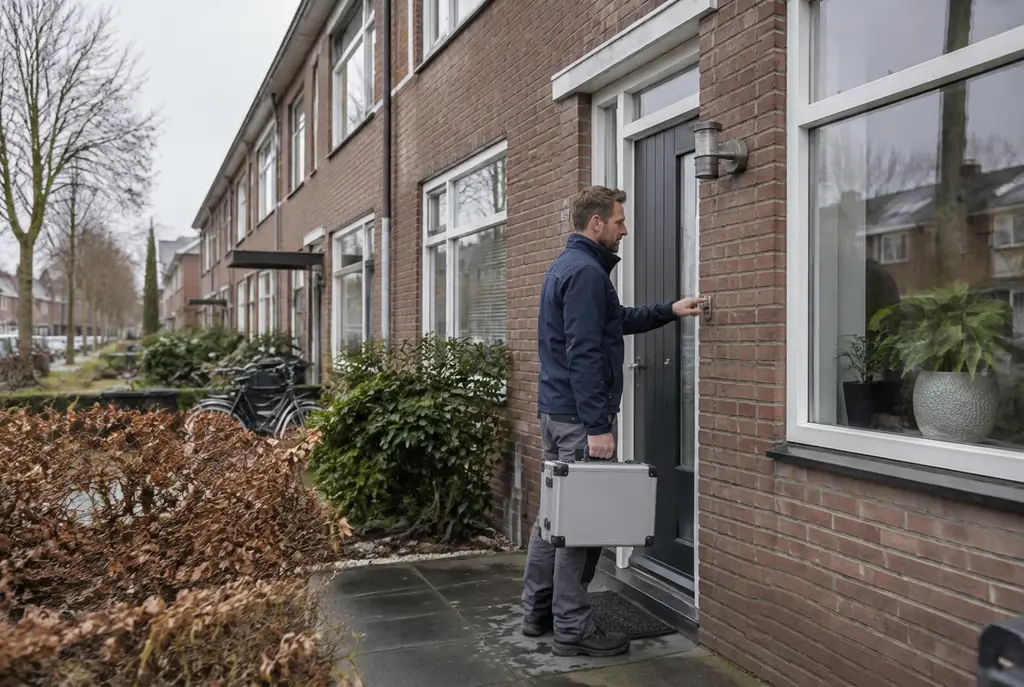 Lekdetectiespecialist met meetkoffer bij de voordeur van een woning in Borne